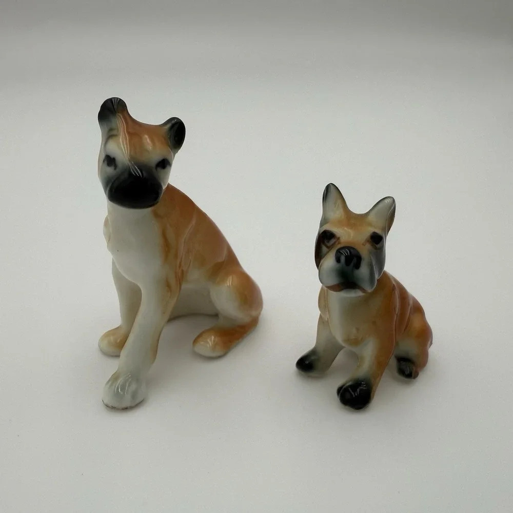 Miniature Bone China Boxer Family‎ Figurines Dog Puppies Vtg Figurines Set of 2
